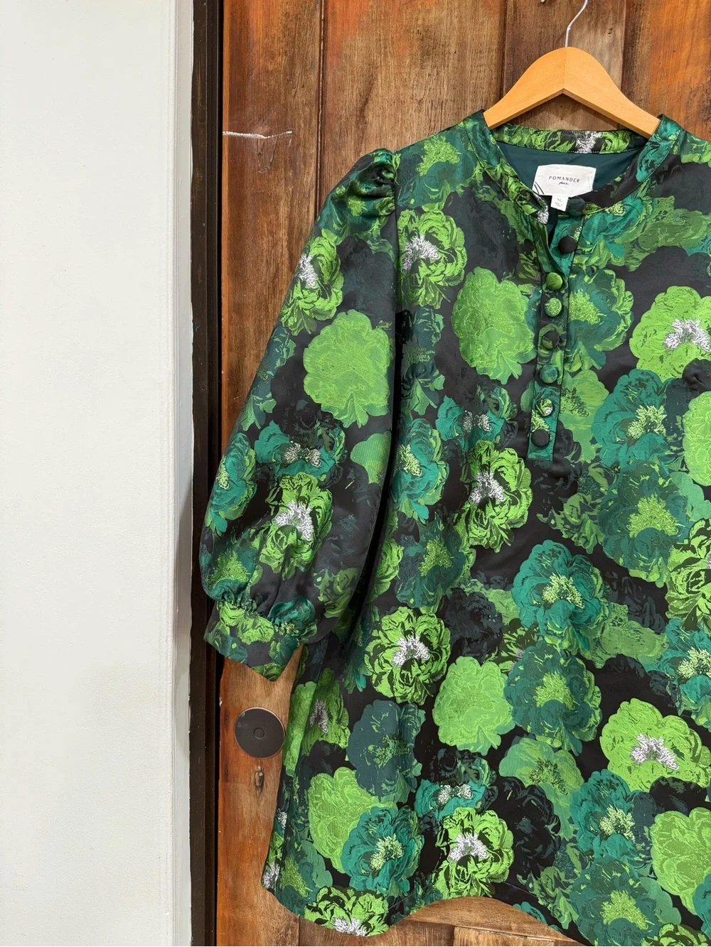 Green Floral Puff-Sleeve Tunic with Button Front